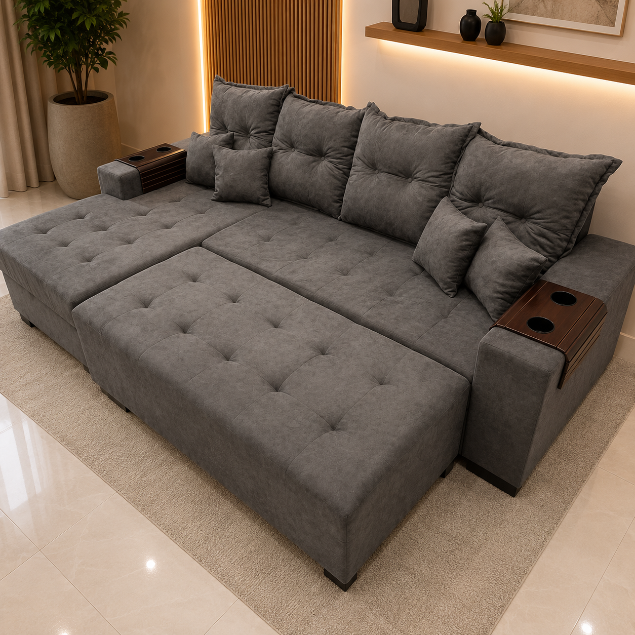 Sofá com Chaise e Puff de Encaixe 2,40 x 1,40 m